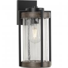  P560282-31M - Whitmire Collection One-Light Matte Black with Aged Oak Accents Clear Seeded Glass Farmhouse Outdoor